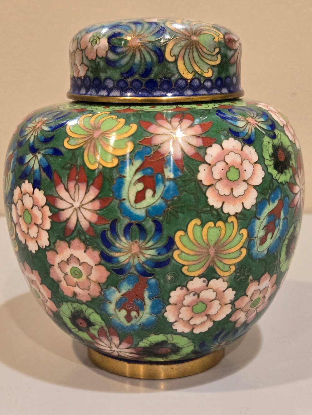 Cloisonné Floral Ginger Jar - Green, Pink & Blue